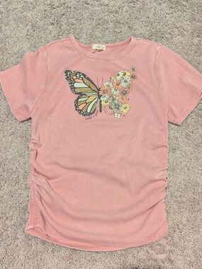 Girls' Pink Butterfly & Floral Short Sleeve Top - Side Ruched